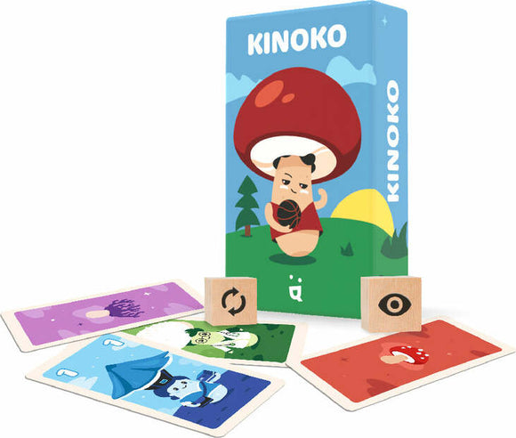 Kinoko game by Helvetiq featuring a colorful box with a character holding a mushroom. The game includes illustrated cards in various colors and wooden blocks with symbols. Ideal for family play and strategy.