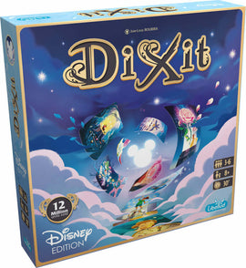 Dixit Disney Edition board game by Libellud. The box features whimsical, colorful illustrations and the iconic Disney characters. Designed for 3-6 players ages 8 and up, the game offers imaginative storytelling and creativity with beautiful cards. Playtime is approximately 30 minutes. The packaging showcases a dreamy sky with clouds, enhancing its magical theme.