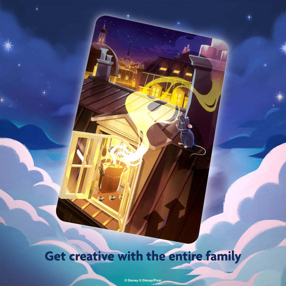 Dixit Disney Edition game by Libellud featuring whimsical artwork of a night scene with clouds, a cat, and a magical pot, emphasizing creativity and family fun.