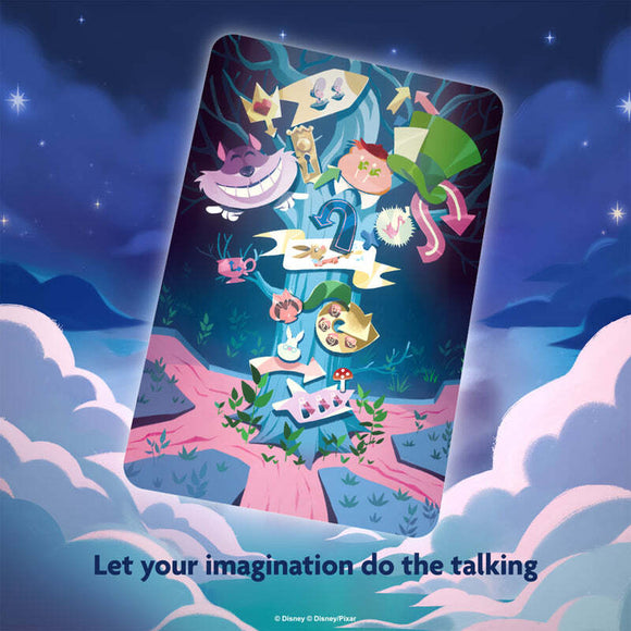 The Dixit Disney Edition game features colorful artwork with whimsical characters and imagery from Disney's animated films. A stylized tree with Alice in Wonderland elements. The text says 'Let your imagination do the talking', inviting players to explore creativity and storytelling.