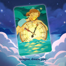 The Dixit Disney Edition game features whimsical artwork depicting a serene character with flowing hair, embracing a vintage clock set against a backdrop of dreamy clouds and a starry night sky. The design evokes feelings of imagination and playfulness, ideal for family game nights.