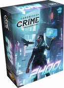 Chronicles of Crime: The Millennium Series board game box featuring a futuristic cityscape. The cover art shows a female character in a sleek outfit with a raven, surrounded by neon lights and digital displays.