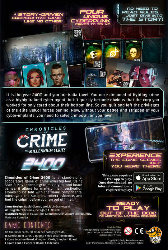 Chronicles of Crime: The Millennium Series - 2400 is a cooperative detective game set in a cyberpunk world. The game features vibrant artwork showcasing character cards and crime scenes from the dystopian future. Players assume the role of Kalia Lavel, a cyber-agent in the year 2400, solving unique cyber-crimes using innovative Scan & Play technology. The box includes a variety of cards and components designed for immersive storytelling and gameplay without the need for complex rules.