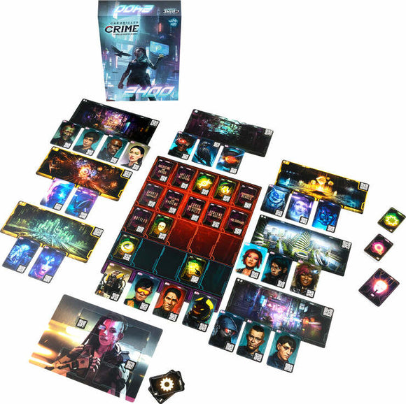 Chronicles of Crime: The Millen game by Lucky Duck Games featuring various game components including character cards, location cards, and a central game board. The game is set in a futuristic crime-solving environment, inviting players to engage in mystery and investigation.