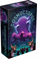 The game box of Cosmoctopus by Lucky Duck Games features a vibrant illustration of a purple octopus with large eyes set against a cosmic background filled with geometric patterns. The title 'COSMOCTOPUS' is prominently displayed on the front, showcasing the game's imaginative and mystical theme. Below, hands in various positions suggest the interactive nature of the game.