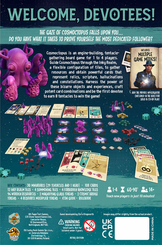 Cosmoctopus is a board game by Lucky Duck Games for 1 to 4 players, featuring 30 miniatures, 108 cards, resource tokens, and game tiles. The image displays these colorful components arranged in a vibrant setup. Players navigate the Inky Realm, strategizing to earn treasures and collect 8 tentacles first. Suitable for ages 14 and up, it offers engaging gameplay with various modes and simple rules.