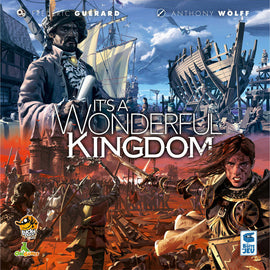It's a Wonderful Kingdom game by Lucky Duck Games, featuring a dramatic cover illustration with a historical theme. The artwork showcases a battle scene, including a warrior wielding a sword, a ship under construction, and soldiers ready for combat, set against a vibrant sky and a majestic castle in the background.