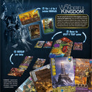 It's a Wonderful Kingdom board game by Lucky Duck Games featuring colorful game pieces, cards, and board sections. Instructions highlight three modules for gameplay, focusing on strategy, development of duchies, and mastering the Split & Trap system. The layout showcases vibrant illustrations and components including game boards, quest boards, and cards.