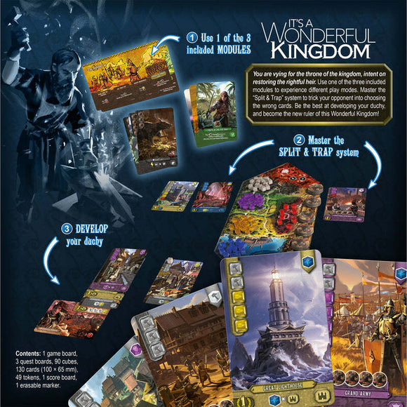 It's a Wonderful Kingdom board game by Lucky Duck Games featuring colorful game pieces, cards, and board sections. Instructions highlight three modules for gameplay, focusing on strategy, development of duchies, and mastering the Split & Trap system. The layout showcases vibrant illustrations and components including game boards, quest boards, and cards.