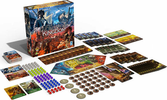 The board game 'It's a Wonderful Kingdom' by Lucky Duck Games is displayed with its components spread out. The image features the game's colorful box, character cards, resource tokens in various colors, a game board depicting a kingdom, and multiple decks of cards. The layout showcases the game's strategic elements and vibrant artwork, ideal for family game nights.