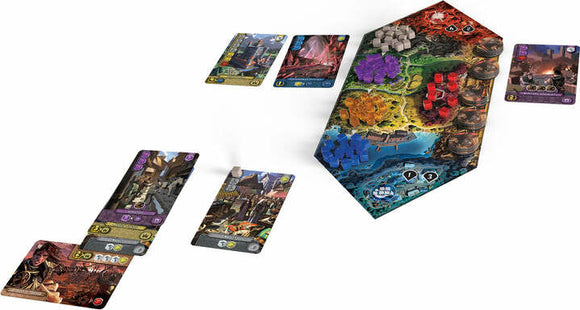 A colorful board game titled 'It's a Wonderful Kingdom' by Lucky Duck Games, featuring a vibrant game board with various colored pieces and cards spread out. The board shows distinct regions with hexagonal tiles and player pieces in different colors, indicating a fantasy theme. The game is partially set up, with the cards and pieces arranged for play, showcasing the strategic elements involved.