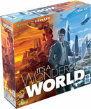 It's A Wonderful World board game by Lucky Duck Games features striking artwork depicting two contrasting worlds - one industrial and the other futuristic. The game's box showcases characters in dynamic poses and vibrant colors, appealing to both strategy and adventure enthusiasts.