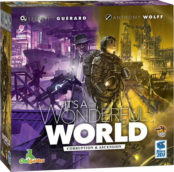 Box cover of the board game 'It's a Wonderful World: Corruption & Ascension' showing a futuristic cityscape with a detective and an astronaut-like figure.