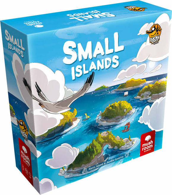 The game box for Small Islands by Lucky Duck Games, featuring vibrant illustrations of small islands surrounded by blue water and white clouds. The title 'SMALL ISLANDS' is prominently displayed on the top of the box, along with whimsical depictions of boats and birds.