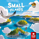The cover of the game 'Small Islands' by Lucky Duck Games features a vibrant illustration of small islands surrounded by blue water. There are boats sailing between the islands, with a seagull flying overhead and fluffy white clouds in the sky. The game title is prominently displayed in white letters, along with the names of the creators at the bottom.