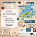 The back of the Small Islands game box, featuring artwork that displays game components, instructions, and colorful illustrations of the game’s landscape tiles and ships. The design includes icons for players, age recommendations (8+), and information about the game's features, like 'excellent 2-player game' and 'solo mode included.' It highlights the engaging gameplay elements of exploring islands, earning prestige points, and creating strategic goals.