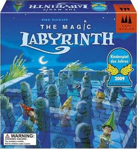 The Magic Labyrinth board game by PlayRoom Entertainment. The box features whimsical artwork depicting a nighttime scene with enchanted pathways and playful characters, including children in colorful hats navigating a maze of pillars under a starry sky. The box is brightly designed and includes a warning about choking hazards for children under 3 years.