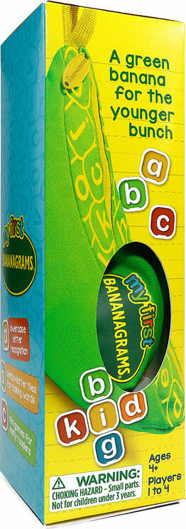 My First Bananagrams game packaging featuring a vibrant green banana design. The box displays fun letters and colorful accents aimed at young players aged 4 and up. Designed for 1 to 4 players, it encourages early letter recognition and word formation in a playful way.