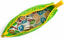 A vibrant green banana-shaped pouch filled with colorful letter tiles from My First Bananagrams, designed for young children to learn and play word games in a fun, interactive way. The pouch is partially open, revealing the tiles featuring various letters in bright colors, encouraging creativity and early literacy skills.