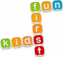 My First Bananagrams game featuring colorful tiles spelling out 'fun', 'first', and 'kids'. Designed for young children to learn spelling and vocabulary through play.
