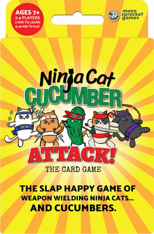 A colorful game box for 'Ninja Cat Cucumber Attack,' featuring cartoonish ninja cats in various poses, including one cat dressed as a ninja holding a cucumber. The title is prominently displayed with vibrant graphics, suggesting a fun and engaging card game for ages 7 and up. It includes details about the number of players and the game duration.