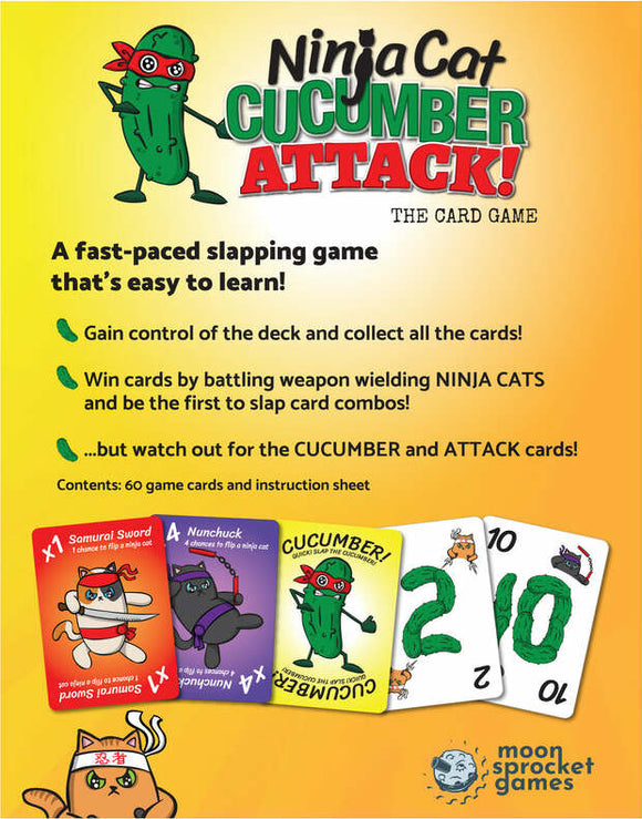 Ninja Cat Cucumber Attack is a fast-paced card game featuring whimsical ninja cats and cucumbers. The image displays colorful game cards and instructions, highlighting gameplay that involves slapping, collecting cards, and battling. The vibrant design appeals to players of all ages, making it easy to learn and fun to play.
