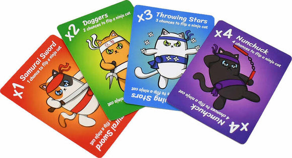 A collection of colorful game cards from the Ninja Cat Cucumber Attack game by Moonsprocket Games. The cards feature adorable ninja cats in various action poses, showcasing weapons like a Samurai Sword, Daggers, Throwing Stars, and Nunchucks. Each card indicates the number of chances a player has to flip a ninja cat, adding an element of strategy and fun to the game.