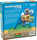 The back view of the Machi Koro 2 game box by PANDASAURUS GAMES. Features colorful graphics showcasing various game cards, dice, and a hint of gameplay mechanics. The box highlights that the game is engaging for 2-4 players and has unique zoning mechanics with exciting card varieties. It includes landmarks and establishments illustrated in a vibrant, playful style, making it appealing for families and game enthusiasts.