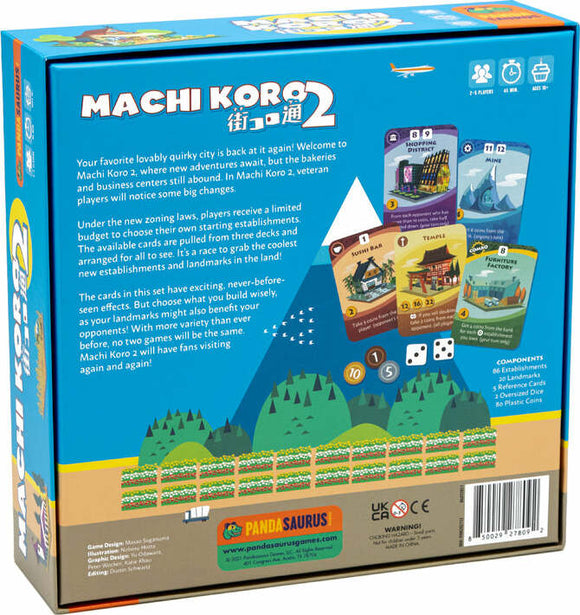 The back view of the Machi Koro 2 game box by PANDASAURUS GAMES. Features colorful graphics showcasing various game cards, dice, and a hint of gameplay mechanics. The box highlights that the game is engaging for 2-4 players and has unique zoning mechanics with exciting card varieties. It includes landmarks and establishments illustrated in a vibrant, playful style, making it appealing for families and game enthusiasts.