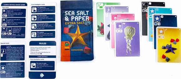 A colorful card game expansion titled 'Sea Salt & Paper: Extra Salt' by Pandasaurus Games. The box features a starfish graphic and the title prominently displayed. Accompanying the box are multiple game cards showing various shapes and colors, including a braided hair design. On the left side, instructions and details about the cards are visible, describing gameplay and special rules.