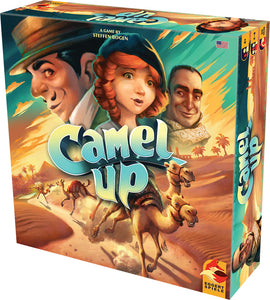 The board game 'Camel Up' by Lookout Games features vibrant artwork depicting camels racing through a desert landscape. The box showcases characters including a smiling man in a hat, a young girl with red hair, and a man wearing a scarf, all set against a backdrop of palm trees and sand dunes, conveying an adventurous theme.