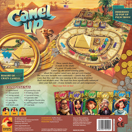 Camel Up board game by Lookout Games featuring vibrant artwork of camels, racing elements, and colorful components. The game includes a pyramid dice tower, race track, and player character cards, all set against a desert backdrop with 3D palm trees.