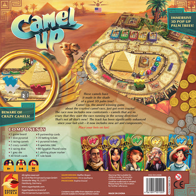 Camel Up board game by Lookout Games featuring vibrant artwork of camels, racing elements, and colorful components. The game includes a pyramid dice tower, race track, and player character cards, all set against a desert backdrop with 3D palm trees.