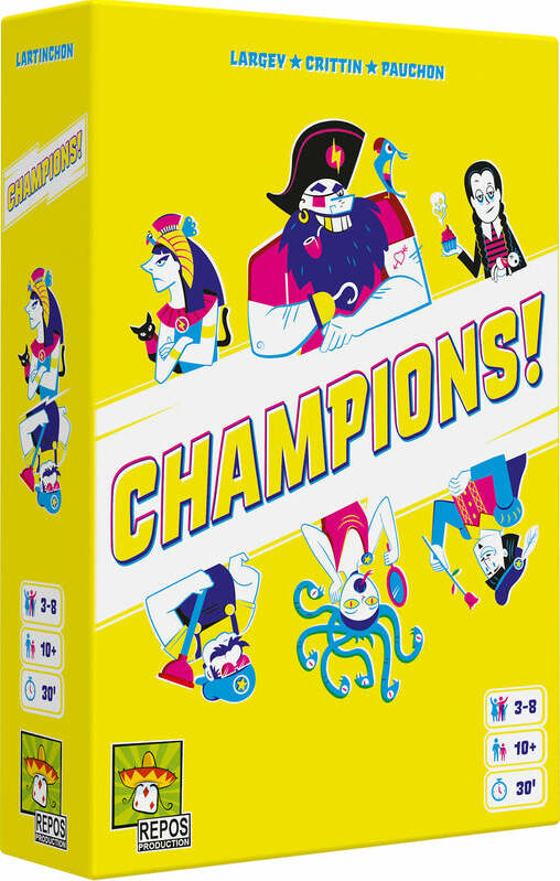 The game 'Champions!' by Repos is displayed in a bright yellow box. The box features cartoonish characters with diverse designs, including a bearded figure in a pirate costume, a woman with a unique hairstyle, and an octopus character. The title 'Champions!' is prominently placed on the front, showcasing its vibrant art style. Additional icons indicate the player age range and game duration.