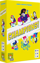 The game 'Champions!' by Repos is displayed in a bright yellow box. The box features cartoonish characters with diverse designs, including a bearded figure in a pirate costume, a woman with a unique hairstyle, and an octopus character. The title 'Champions!' is prominently placed on the front, showcasing its vibrant art style. Additional icons indicate the player age range and game duration.