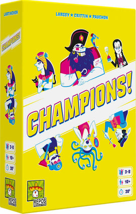 The game 'Champions!' by Repos is displayed in a bright yellow box. The box features cartoonish characters with diverse designs, including a bearded figure in a pirate costume, a woman with a unique hairstyle, and an octopus character. The title 'Champions!' is prominently placed on the front, showcasing its vibrant art style. Additional icons indicate the player age range and game duration.