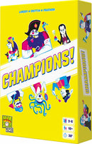 The game box for 'Champions!' by Repos Production features vibrant illustrations of characters including a pirate, a woman with braids, and an octopus. The box is bright yellow with bold blue and white text, highlighting the game's title and player information. Suitable for 3 to 8 players aged 10 and up, with an average playtime of 30 minutes.