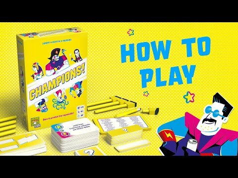 The 'Champions!' game by Repos is displayed with its colorful box featuring cartoon characters. Surrounding the box are various game components, including cards and markers. The vibrant yellow background and playful design highlight the fun and engaging nature of the game, inviting players to learn how to play.