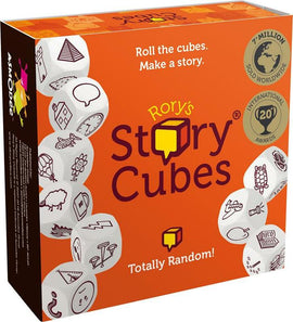 Rory's Story Cubes Classic game box featuring a vibrant orange design with illustrations of rolled dice. The box highlights features such as 'Roll the cubes. Make a story.' and claims '7 million sold worldwide' alongside '20+ international awards'. This engaging storytelling game includes nine story cubes designed to inspire creativity and imagination in players of all ages.