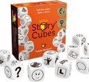 Rory's Story Cubes Classic game box featuring dice with various illustrated icons. Each die displays unique images that inspire storytelling and creativity. The box is brightly colored in orange with the text 'Rory's Story Cubes - Totally Random!' prominently displayed. The surrounding dice are scattered around the box, highlighting their cartoonish designs.
