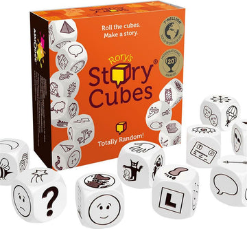 Rory's Story Cubes Classic game box featuring dice with various illustrated icons. Each die displays unique images that inspire storytelling and creativity. The box is brightly colored in orange with the text 'Rory's Story Cubes - Totally Random!' prominently displayed. The surrounding dice are scattered around the box, highlighting their cartoonish designs.