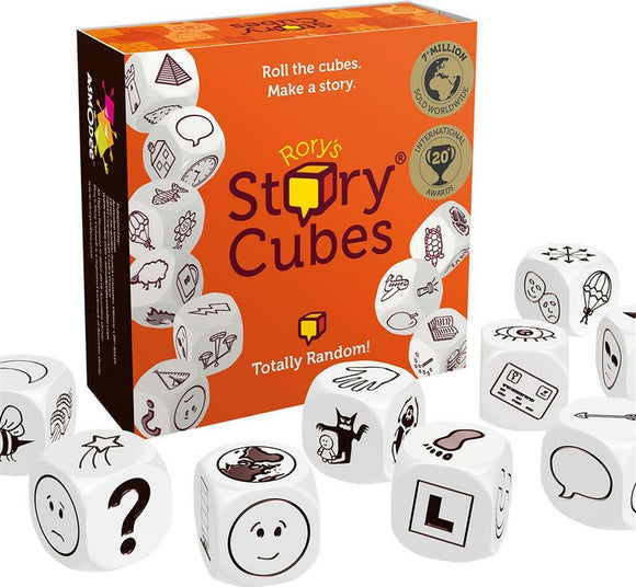 Rory's Story Cubes Classic game box featuring dice with various illustrated icons. Each die displays unique images that inspire storytelling and creativity. The box is brightly colored in orange with the text 'Rory's Story Cubes - Totally Random!' prominently displayed. The surrounding dice are scattered around the box, highlighting their cartoonish designs.