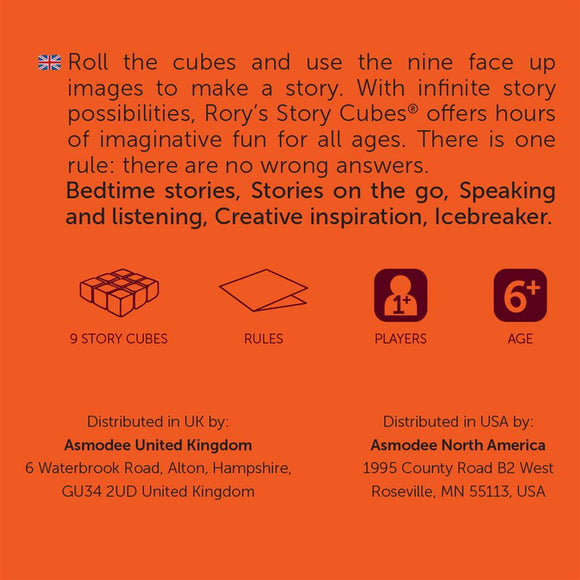 Rory's Story Cubes Classic game by Zygomatic featuring nine story cubes. The game promotes imaginative storytelling, suitable for ages 6 and up. Includes instructions and represents a fun and creative activity for 1 or more players. Ideal for bedtime stories, icebreakers, and creative inspiration.