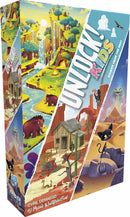 Unlock Kids: Stories from the West is a family-friendly adventure game that features colorful illustrations of a vibrant landscape with animals, rivers, and wild west scenes. The box design showcases playful characters exploring various terrains, making it appealing for children and families.