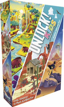 Unlock Kids: Stories from the West is a family-friendly adventure game that features colorful illustrations of a vibrant landscape with animals, rivers, and wild west scenes. The box design showcases playful characters exploring various terrains, making it appealing for children and families.
