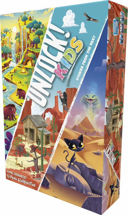 Unlock Kids: Stories from the Past game box featuring colorful illustrations of adventures through various landscapes, including forests, deserts, and ancient ruins. The vibrant artwork showcases playful characters like a curious cat and various animals, inviting children to embark on imaginative journeys and solve exciting mysteries together.