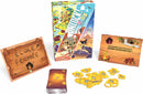 Unlock Kids game by Space Cowboys featuring colorful box art with playful illustrations. The game includes various cards, clue tokens, and signboards depicting a vibrant adventure theme, designed to engage children in imaginative play and problem-solving. Ideal for family game night.