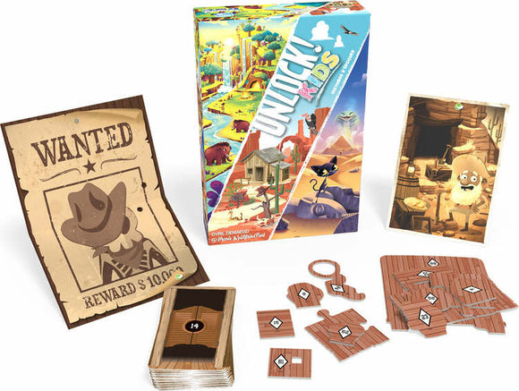 Unlock Kids game by Space Cowboys featuring colorful box art and game components. The image includes a wanted poster, a deck of cards, wooden pieces, and character cards, all designed for family-friendly adventure and puzzle-solving.