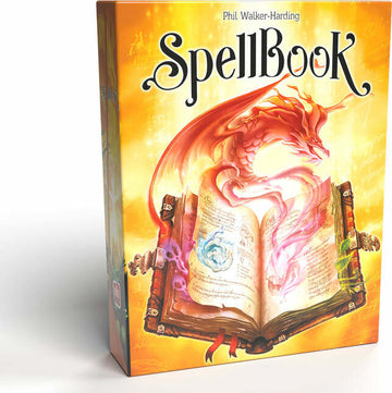 The SpellBook board game by Space Cowboys features a magical design with a dragon intertwined around an open book. The cover is vibrant with bright colors and mystical symbols, inviting players to explore a world of spells and adventure.