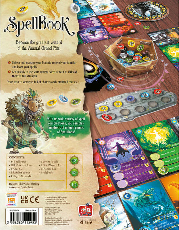 The game SpellBook by Space Cowboys features vibrant artwork and components. The back of the box highlights gameplay mechanics, including spell cards, Materia tokens, and player aids. It showcases an intricate design with a wizard character, emphasizing strategy and fun, suitable for 1-4 players, perfect for game nights or gatherings.